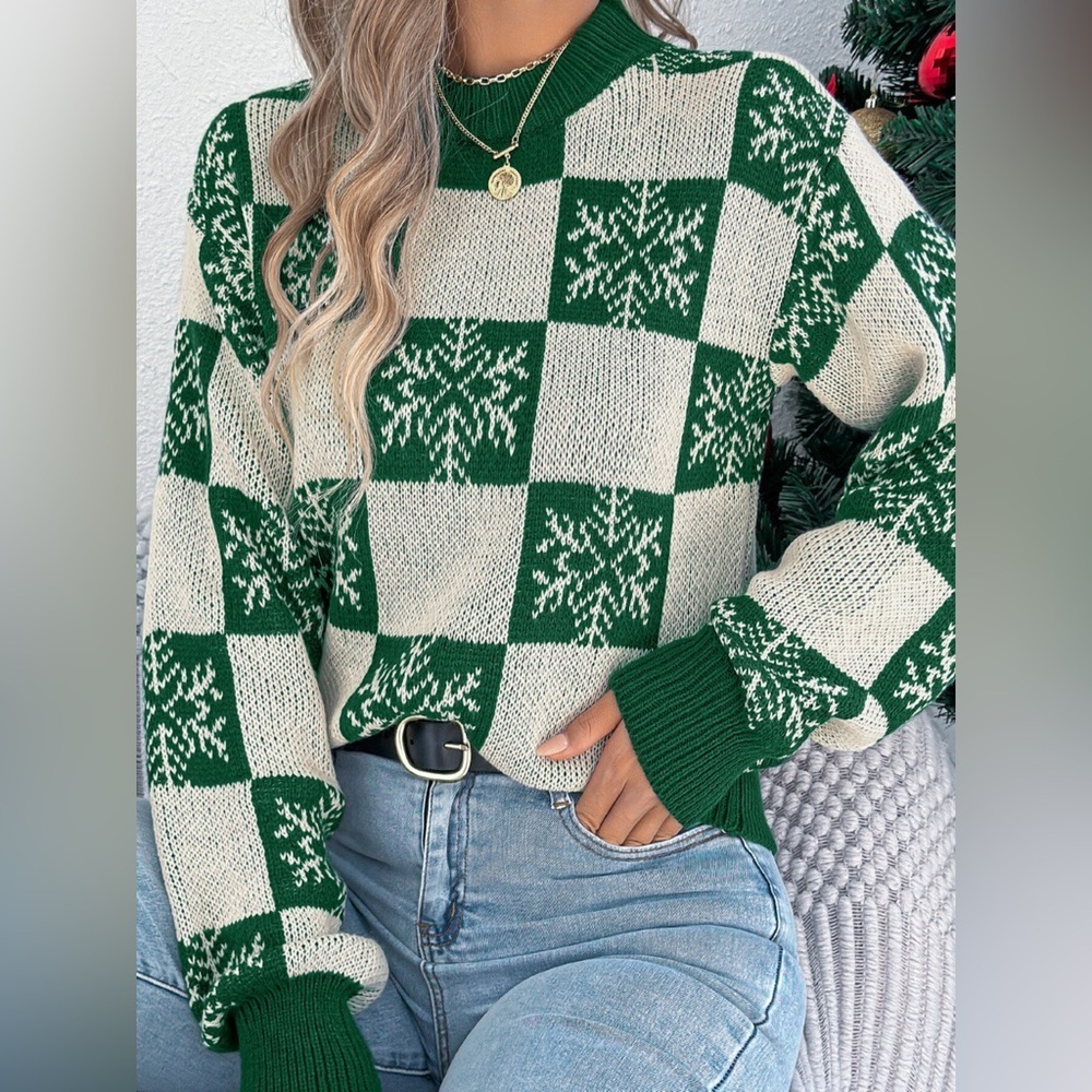 Christmas Snowflake Checkered Round Neck Sweater